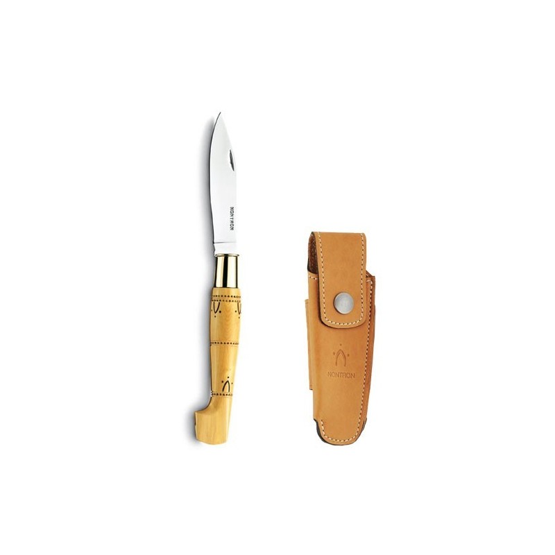 Couteaux Nontron en buis N° 25 avec étui en cuir Fauve, manche sabot, lame inox 9 cm