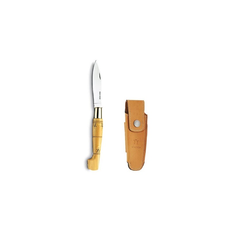 Couteaux Nontron en buis N° 22 avec étui en cuir Fauve, manche sabot, lame inox 8 cm