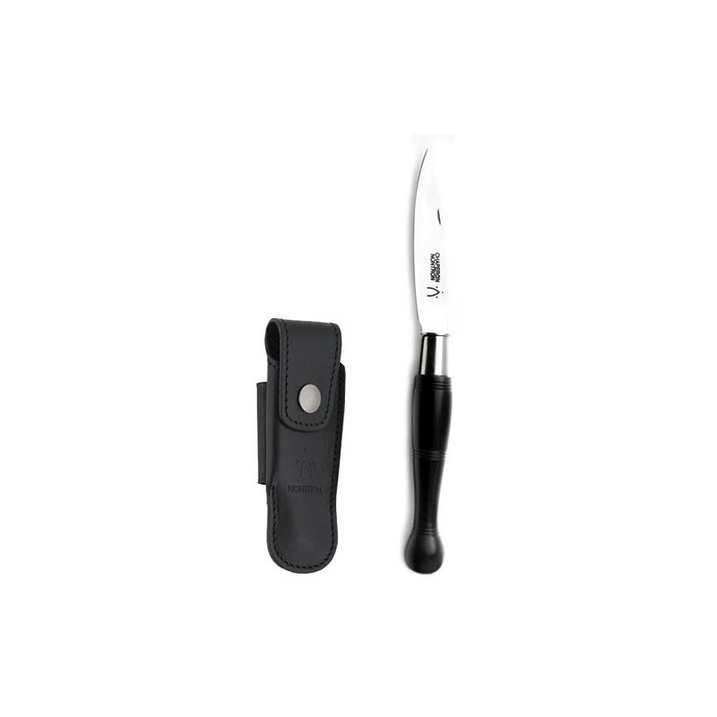 Couteaux Nontron en ébène N° 22 avec étui en cuir noir, manche boule, lame inox 8 cm
