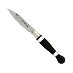 Couteau Nontron Création n° 25 en ébène, acrylique blanc et aluminium, manche boule, lame inox 9cm