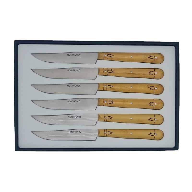 Coffret cadeaux de 6 couteaux de table Nontron lame yatagan, manches ronds en buis pyrogravé, lames Inox de 10 cm